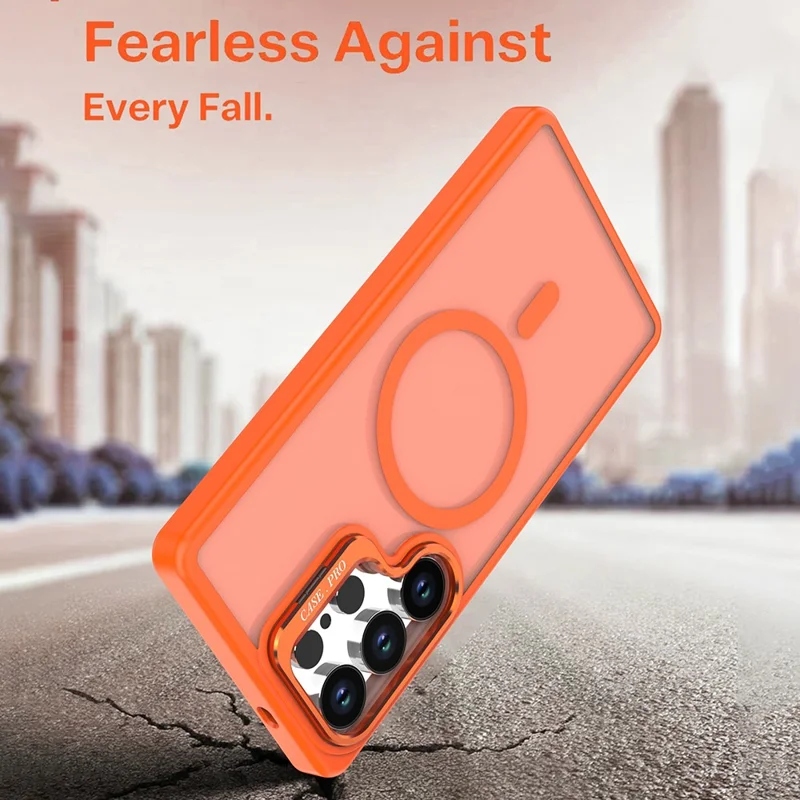 For Samsung Galaxy S24 Ultra Magnetic Case Foldable Kickstand Matte PC + TPU Phone Cover - Orange