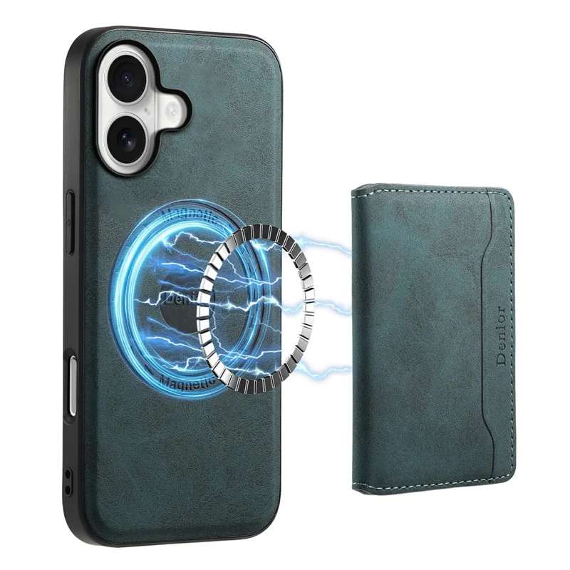 DENIOR D13 Pour iPhone 17 Étui Magnétique avec Porte-cartes en Cuir Recouvert de PC + TPU - Bleu