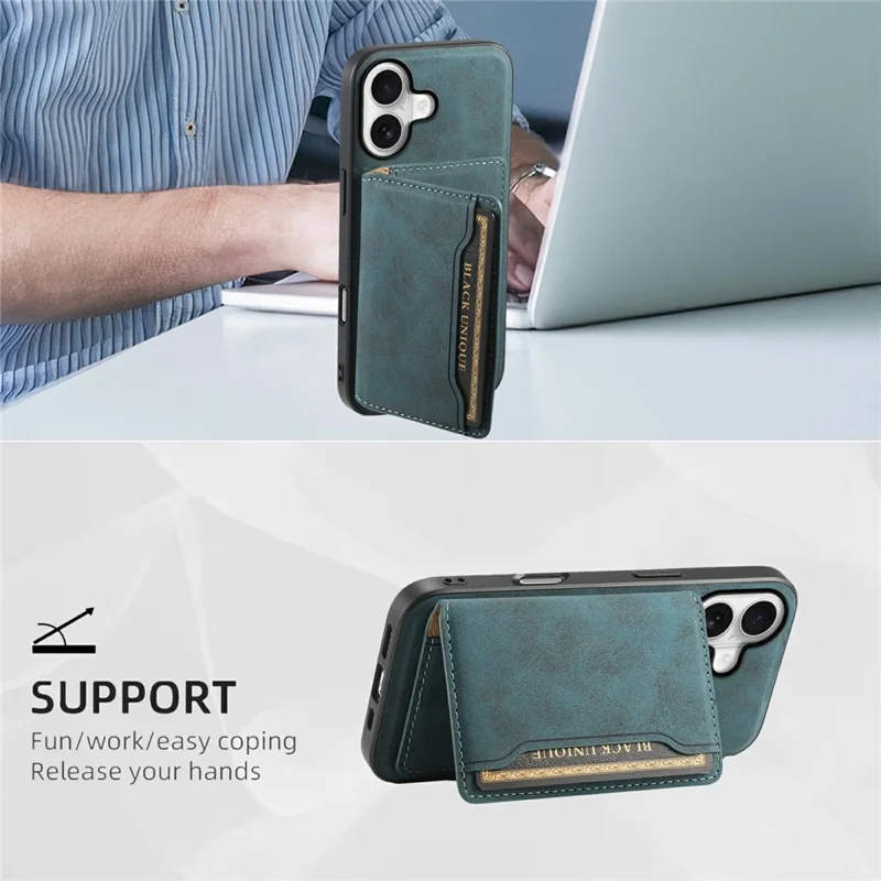 DENIOR D13 Pour iPhone 17 Étui Magnétique avec Porte-cartes en Cuir Recouvert de PC + TPU - Bleu