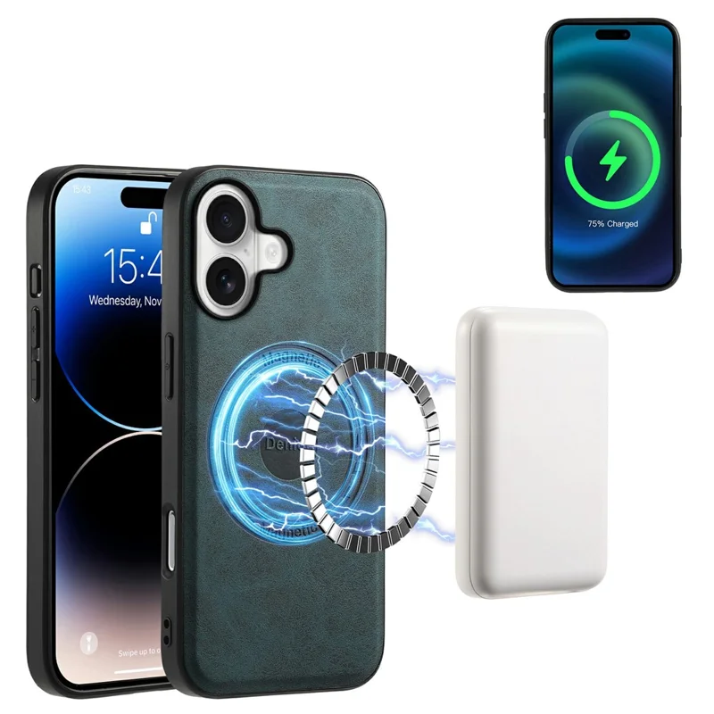 DENIOR D13 Pour iPhone 17 Étui Magnétique avec Porte-cartes en Cuir Recouvert de PC + TPU - Bleu