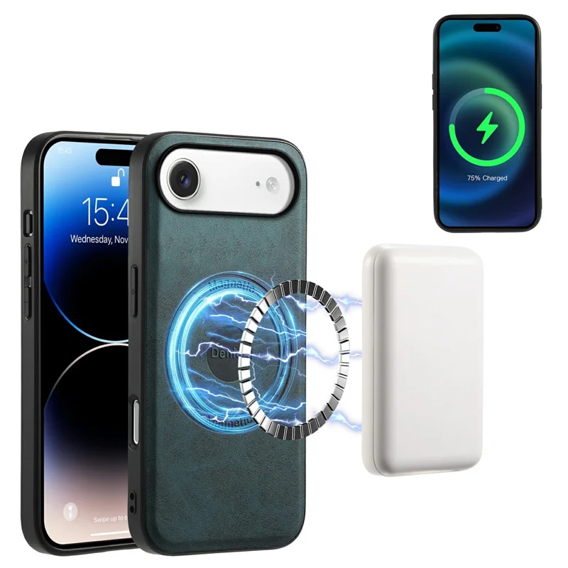 DENIOR D14 For iPhone Air Magnetic Case with Detachable Card Holder Kickstand PU+TPU+PC Phone Cover - Green