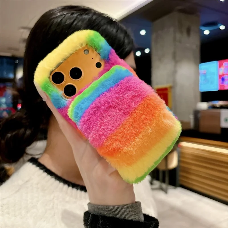 For iPhone 17 Pro Max Rainbow Fluffy Phone Case Winter Warm Hand Strap TPU Cover - Rainbow