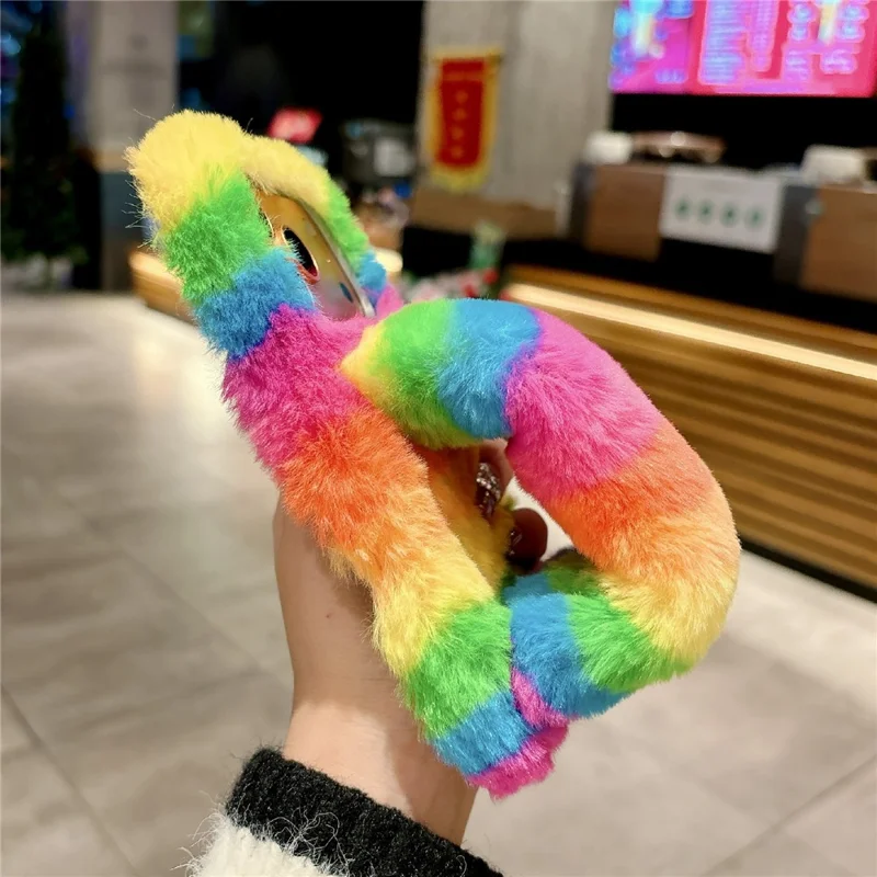 For iPhone 17 Pro Max Rainbow Fluffy Phone Case Winter Warm Hand Strap TPU Cover - Rainbow