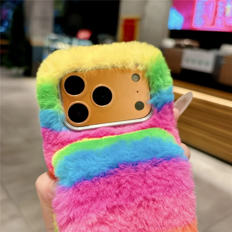For iPhone 17 Pro Max Rainbow Fluffy Phone Case Winter Warm Hand Strap TPU Cover - Rainbow