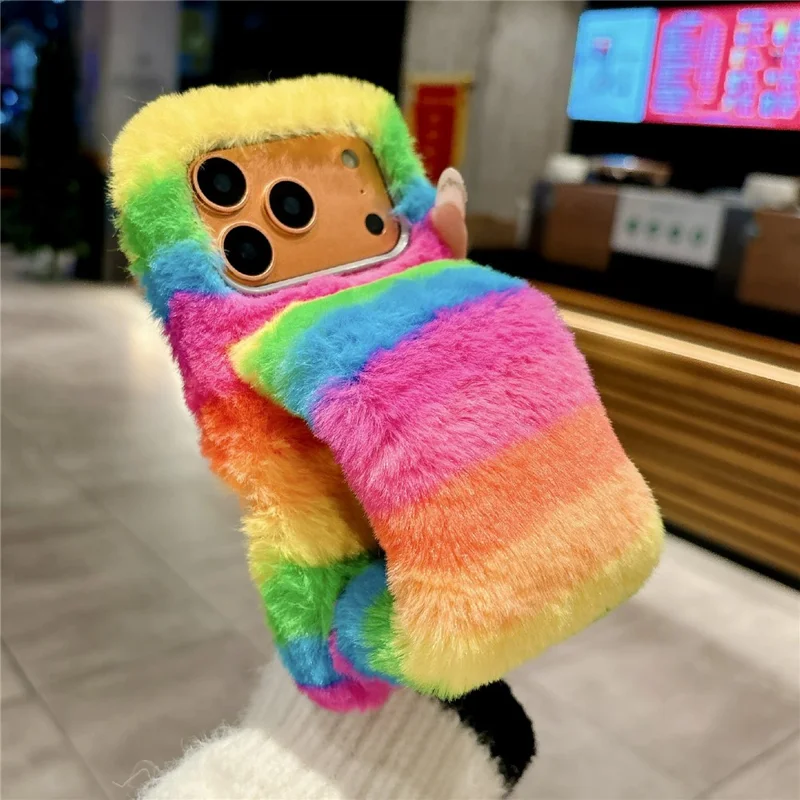 For iPhone 17 Pro Rainbow Fluffy Phone Case Winter Warm Hand Strap TPU Cover - Rainbow