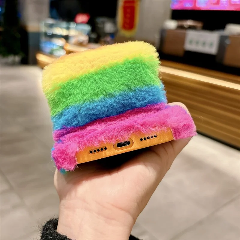 For iPhone 17 Pro Rainbow Fluffy Phone Case Winter Warm Hand Strap TPU Cover - Rainbow