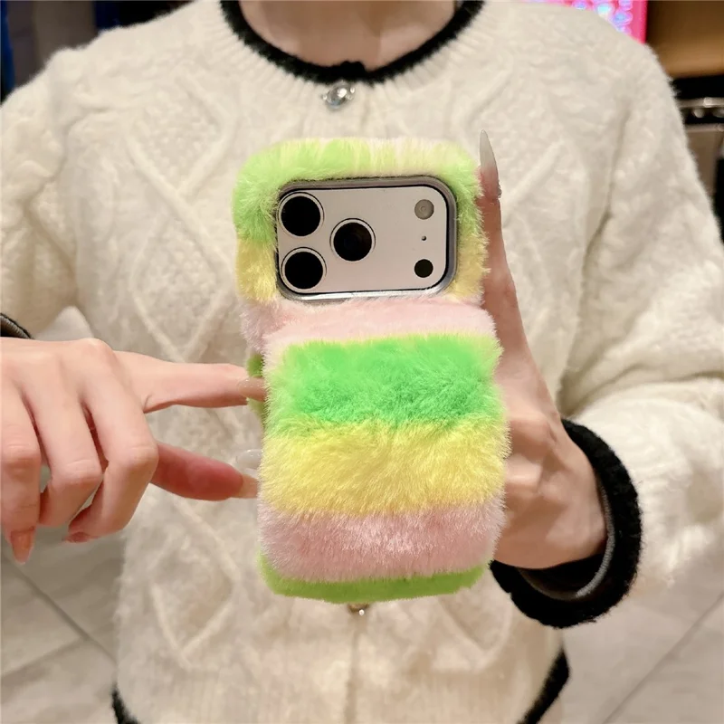 For iPhone 17 Pro Rainbow Fluffy Phone Case Winter Warm Hand Strap TPU Cover - Rainbow