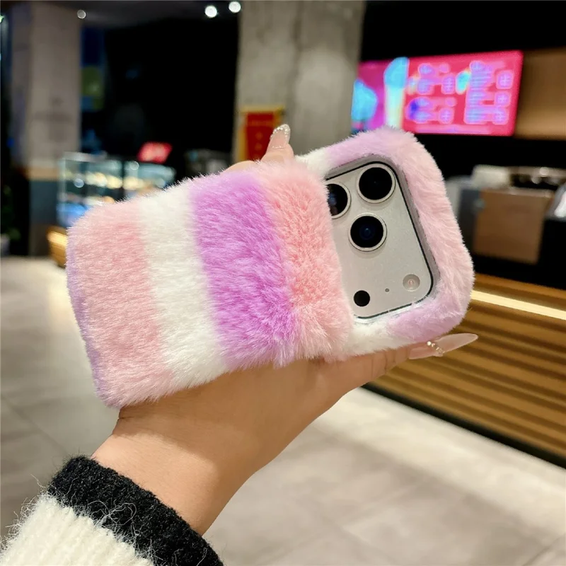For iPhone 17 Pro Rainbow Fluffy Phone Case Winter Warm Hand Strap TPU Cover - Rainbow