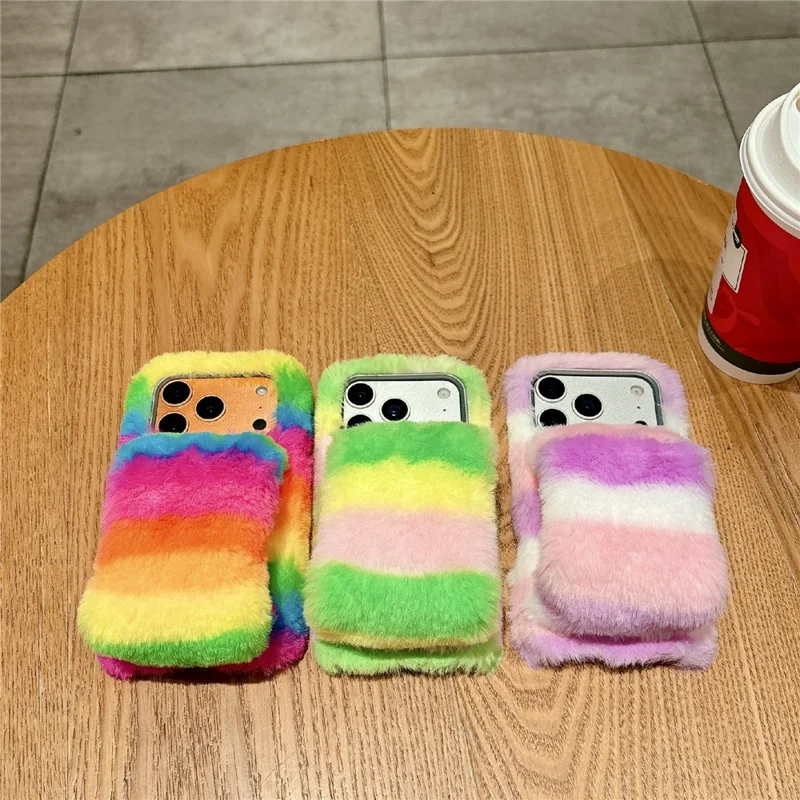 For iPhone 17 Pro Rainbow Fluffy Phone Case Winter Warm Hand Strap TPU Cover - Rainbow