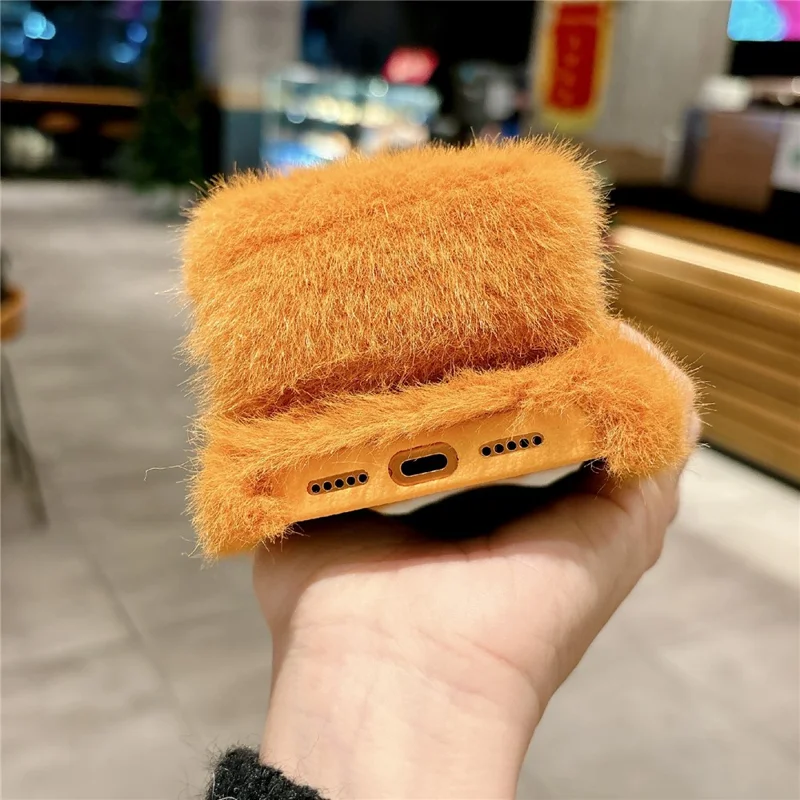 For iPhone 17 Pro Max Solid Color Fluffy Phone Case Winter Warm Hand Strap TPU Cover - Orange