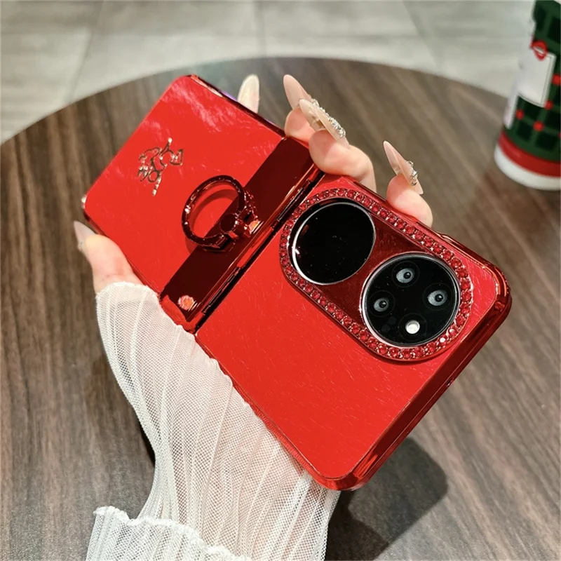 حالة لهواوي P50 جيب حالة هاتف أنماط الحصان للسنة الجديدة مع حامل خاتم وغشاء شاشة خلفي من الزجاج المقوى