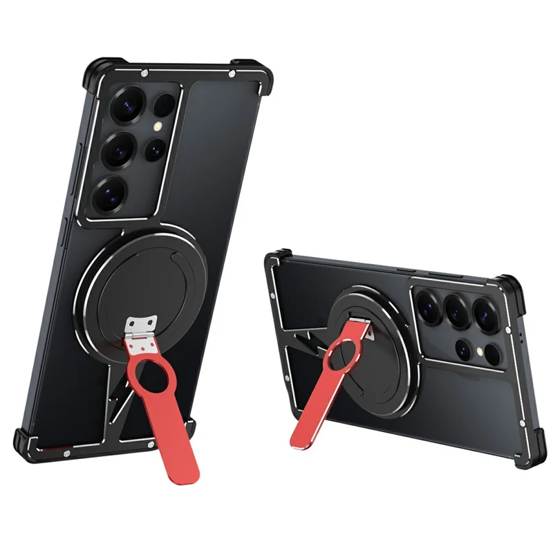 For Samsung Galaxy S25 Ultra Magnetic Case Aluminium Alloy Frameless Phone Cover with Kickstand - Black  /  Silver