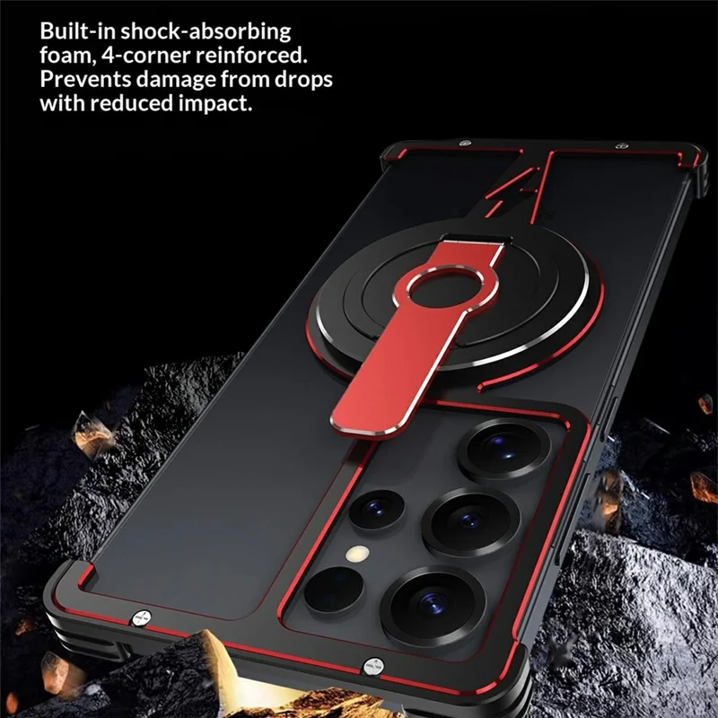 For Samsung Galaxy S25 Ultra Magnetic Case Aluminium Alloy Frameless Phone Cover with Kickstand - Black  /  Silver