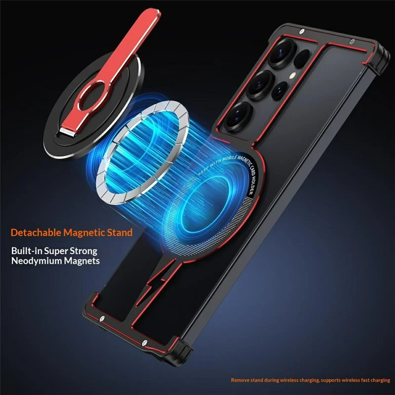For Samsung Galaxy S25 Ultra Magnetic Case Aluminium Alloy Frameless Phone Cover with Kickstand - Black  /  Silver