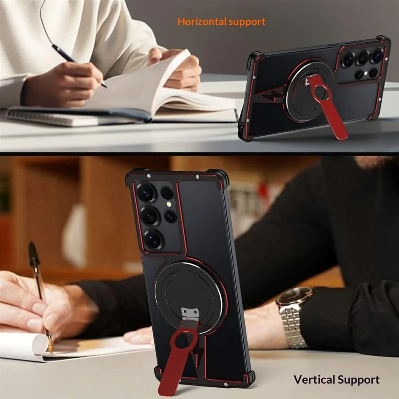 For Samsung Galaxy S25 Ultra Magnetic Case Aluminium Alloy Frameless Phone Cover with Kickstand - Black  /  Silver