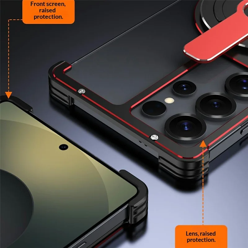 For Samsung Galaxy S25 Ultra Magnetic Case Aluminium Alloy Frameless Phone Cover with Kickstand - Black  /  Silver