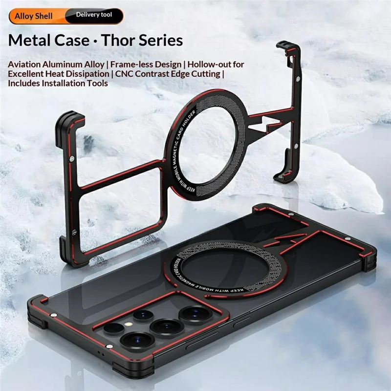 Capa Magnética para Samsung Galaxy S25 Ultra, Estrutura em Liga de Alumínio Aviação, Sem Moldura, Cor Preta / Vermelha