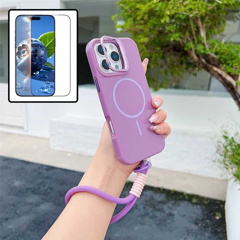For iPhone 16 Pro Max Magnetische Hoes TPU + PC Lens Kickstand Telefoonhoes met Gehard Glas en Band Compatibel met MagSafe - Paars