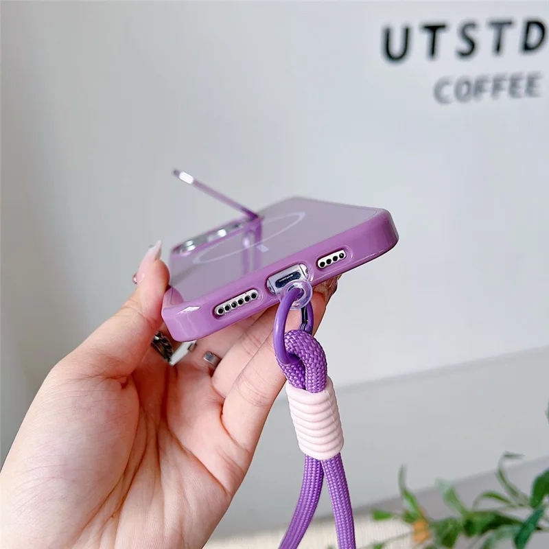 For iPhone 16 Pro Max Magnetische Hoes TPU + PC Lens Kickstand Telefoonhoes met Gehard Glas en Band Compatibel met MagSafe - Paars