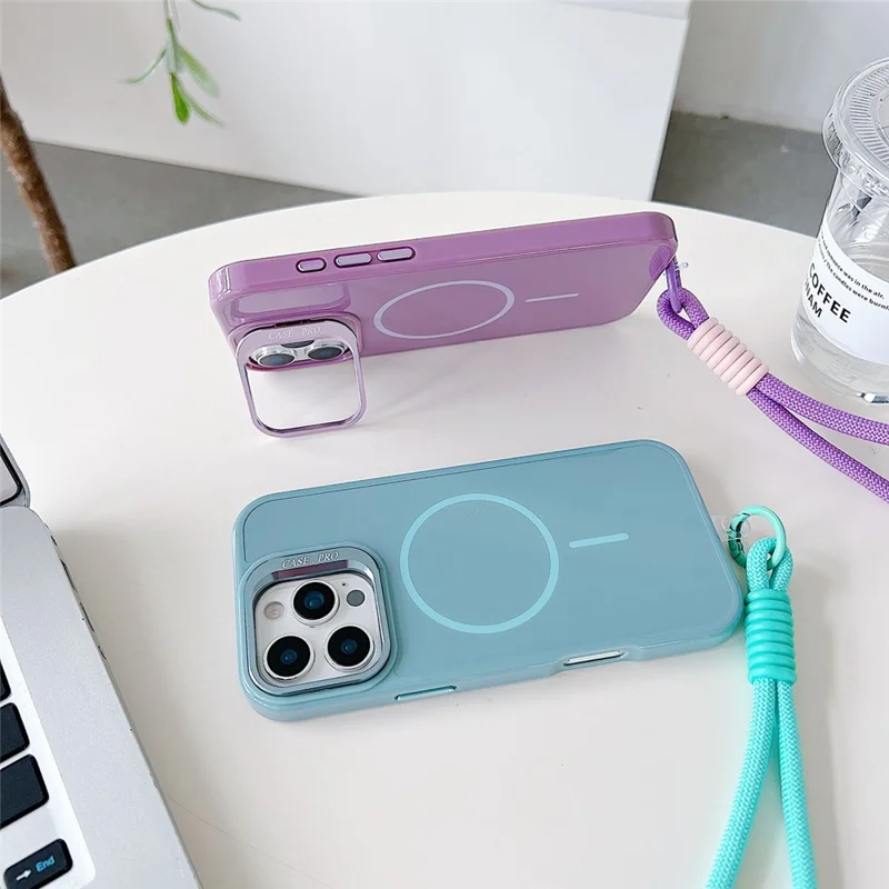 For iPhone 16 Pro Max Magnetische Hoes TPU + PC Lens Kickstand Telefoonhoes met Gehard Glas en Band Compatibel met MagSafe - Paars