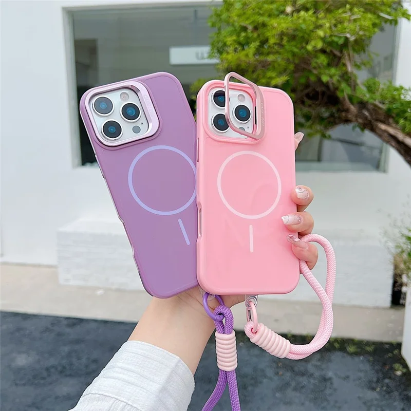 For iPhone 16 Pro Max Magnetische Hoes TPU + PC Lens Kickstand Telefoonhoes met Gehard Glas en Band Compatibel met MagSafe - Paars