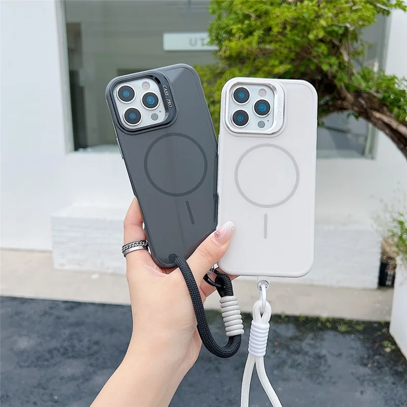 For iPhone 16 Pro Max Magnetische Hoes TPU + PC Lens Kickstand Telefoonhoes met Gehard Glas en Band Compatibel met MagSafe - Paars