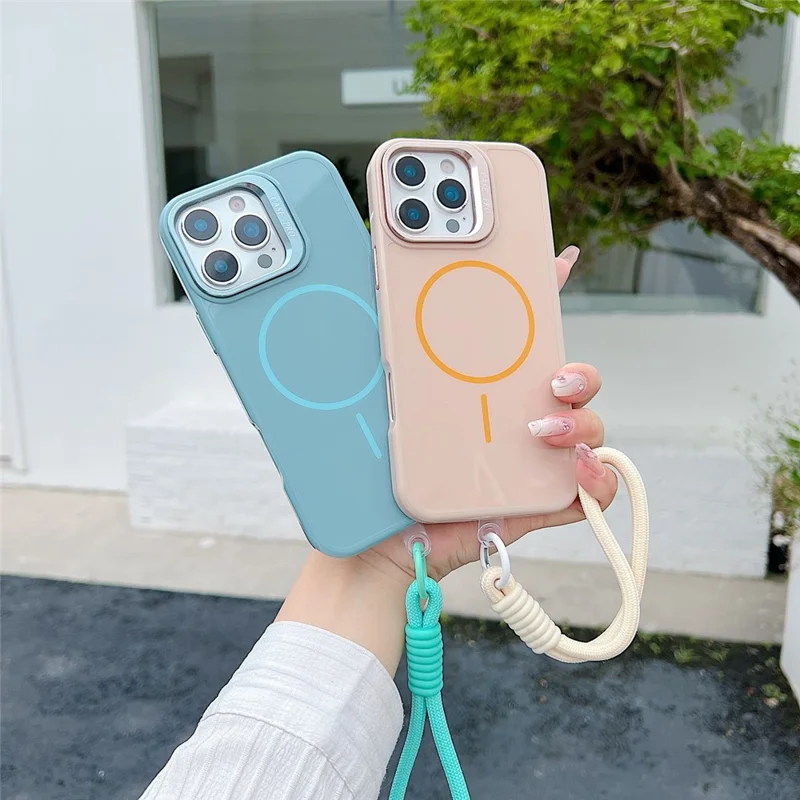 For iPhone 16 Pro Max Magnetische Hoes TPU + PC Lens Kickstand Telefoonhoes met Gehard Glas en Band Compatibel met MagSafe - Paars