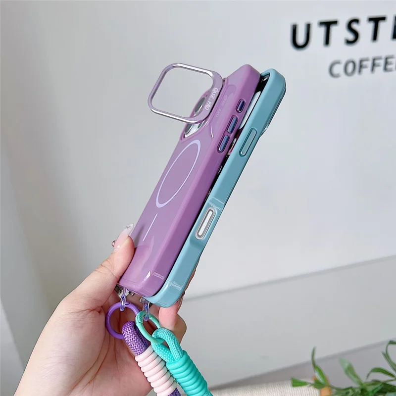 For iPhone 16 Pro Max Magnetische Hoes TPU + PC Lens Kickstand Telefoonhoes met Gehard Glas en Band Compatibel met MagSafe - Paars