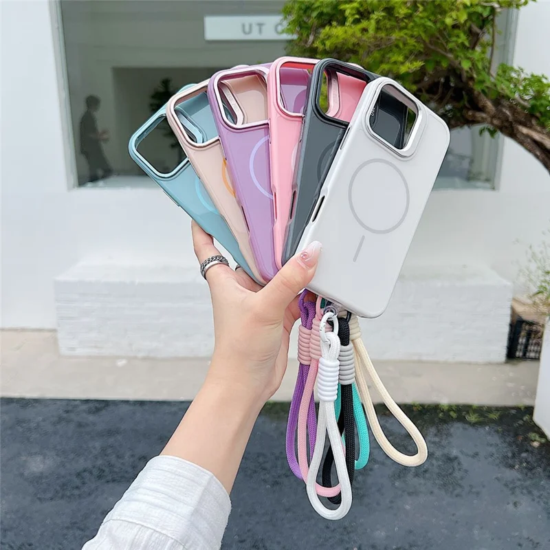 For iPhone 16 Pro Max Magnetische Hoes TPU + PC Lens Kickstand Telefoonhoes met Gehard Glas en Band Compatibel met MagSafe - Paars