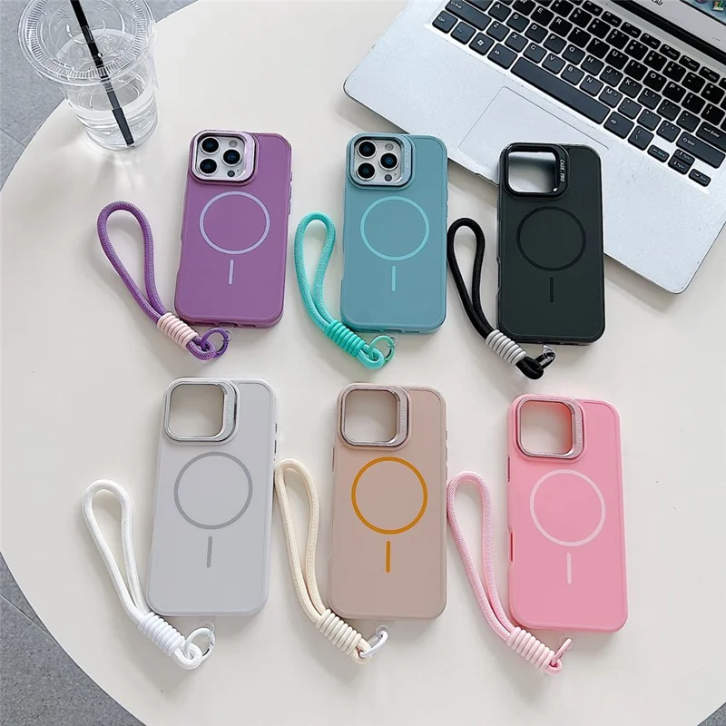 For iPhone 16 Pro Max Magnetische Hoes TPU + PC Lens Kickstand Telefoonhoes met Gehard Glas en Band Compatibel met MagSafe - Paars