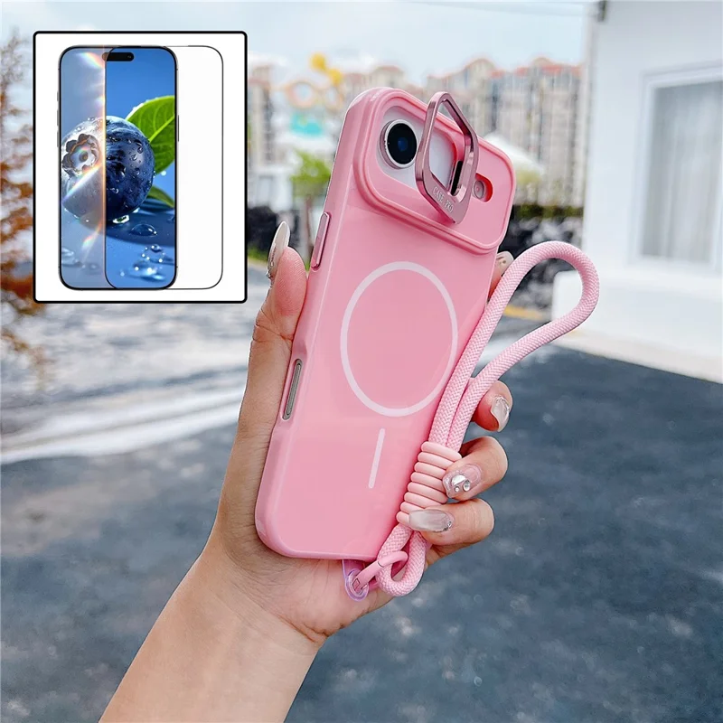 Coque magnétique pour iPhone Air, housse de téléphone TPU + PC avec support à lentille, verre trempé et sangle, compatible MagSafe - Rose