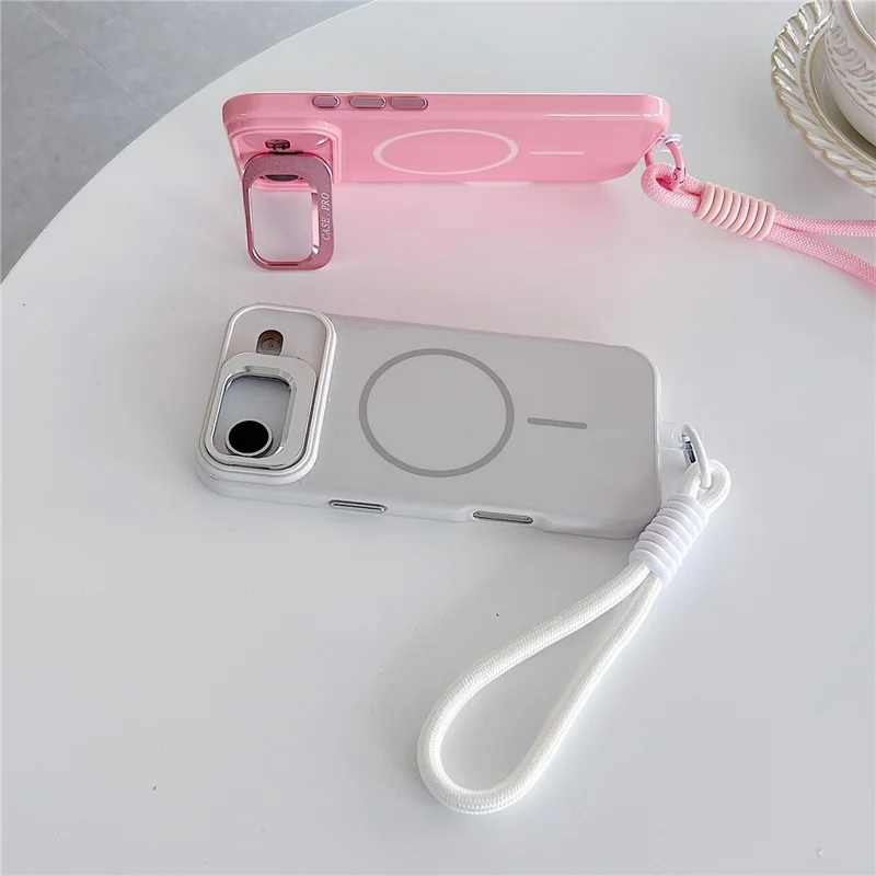 Coque magnétique pour iPhone Air, housse de téléphone TPU + PC avec support à lentille, verre trempé et sangle, compatible MagSafe - Rose
