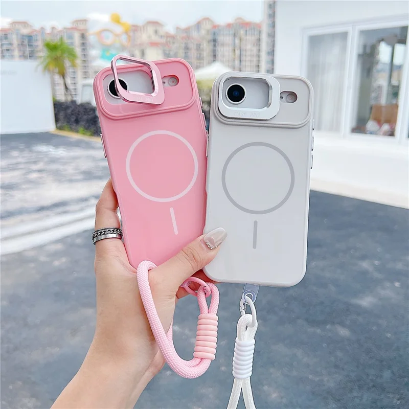 Coque magnétique pour iPhone Air, housse de téléphone TPU + PC avec support à lentille, verre trempé et sangle, compatible MagSafe - Rose