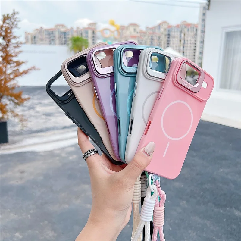 Coque magnétique pour iPhone Air, housse de téléphone TPU + PC avec support à lentille, verre trempé et sangle, compatible MagSafe - Rose