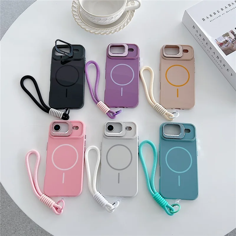 Coque magnétique pour iPhone Air, housse de téléphone TPU + PC avec support à lentille, verre trempé et sangle, compatible MagSafe - Rose