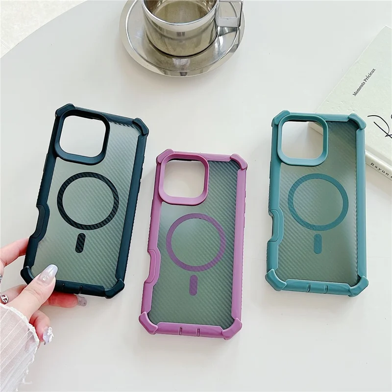 غطاء هاتفي المغناطيسي لهاتف iPhone 16 Pro بتصميم ألياف الكربون من مادة TPU مع غطاء واقي من الزجاج المقوى متوافق مع MagSafe - أرجواني