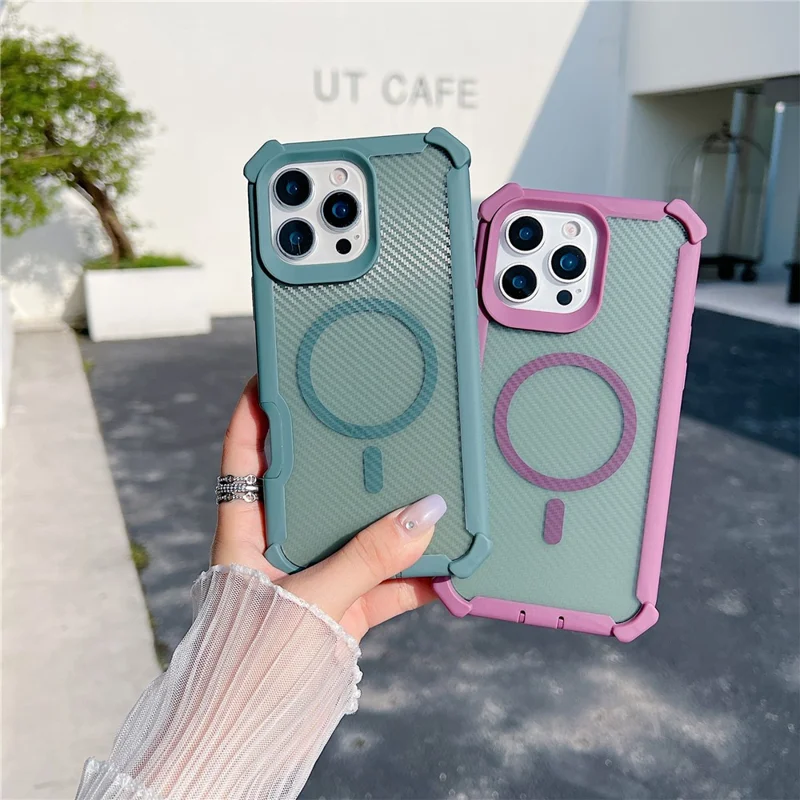 غطاء هاتفي المغناطيسي لهاتف iPhone 16 Pro بتصميم ألياف الكربون من مادة TPU مع غطاء واقي من الزجاج المقوى متوافق مع MagSafe - أرجواني