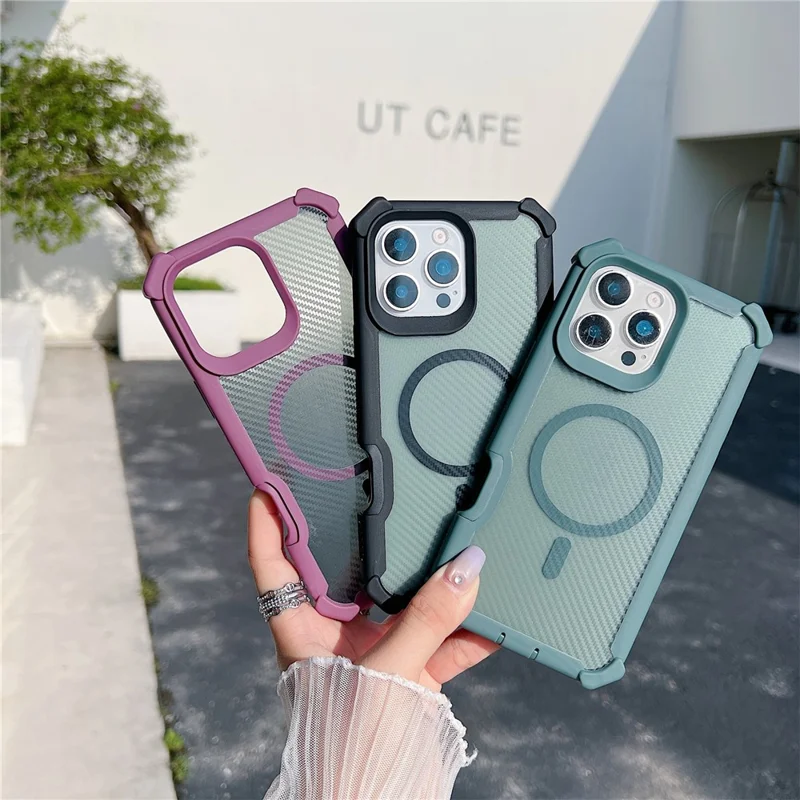 غطاء هاتفي المغناطيسي لهاتف iPhone 16 Pro بتصميم ألياف الكربون من مادة TPU مع غطاء واقي من الزجاج المقوى متوافق مع MagSafe - أرجواني