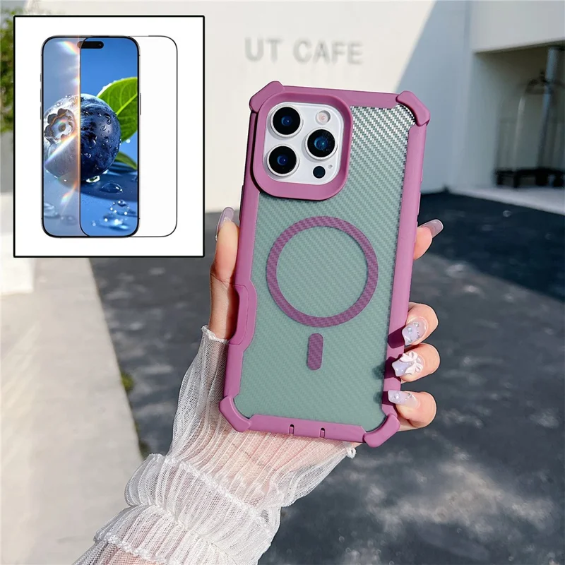 Voor iPhone 16 Pro Max Magnetische Hoes Koolstofvezelstructuur TPU Beschermmobielhouder Met Gehard Glas Compatibel met MagSafe - Paars
