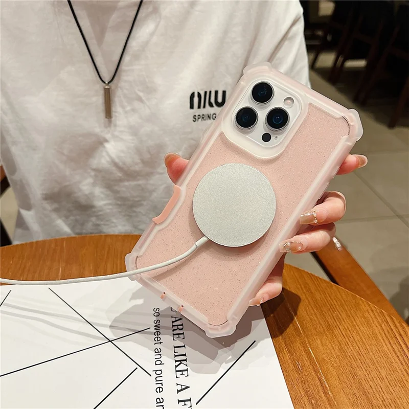 For iPhone 16 Pro Magnetic Case Glitter Powder TPU  + Acrylic Drop-proof Phone Cover with Tempered Glass Compatible with MagSafe - Transparent Pink