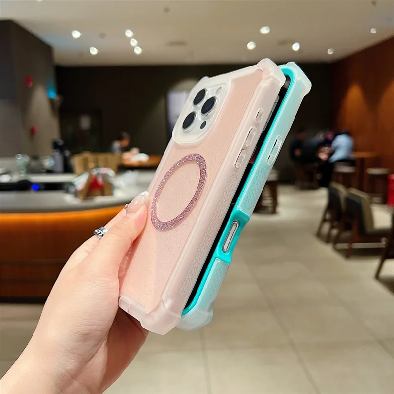 For iPhone 16 Pro Magnetic Case Glitter Powder TPU  + Acrylic Drop-proof Phone Cover with Tempered Glass Compatible with MagSafe - Transparent Pink