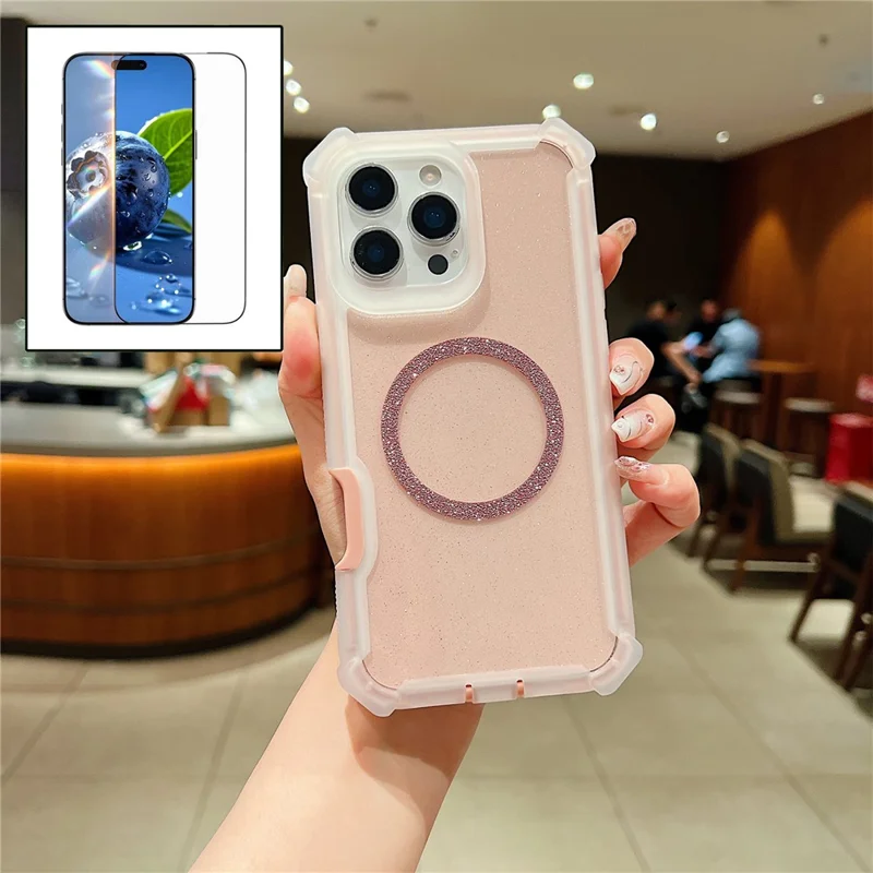 Voor iPhone 16 Pro Max Magnetische Hoes Glitter Poeder TPU + Acryl Stootvrije Telefoonhoes met Gehard Glas Compatibel met MagSafe - Transparant Roze