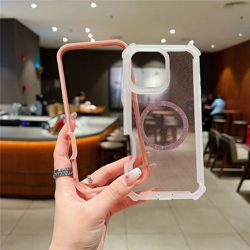 Voor iPhone 16 Pro Max Magnetische Hoes Glitter Poeder TPU + Acryl Stootvrije Telefoonhoes met Gehard Glas Compatibel met MagSafe - Transparant Roze