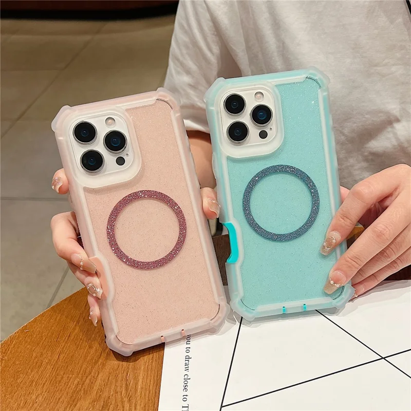 Voor iPhone 16 Pro Max Magnetische Hoes Glitter Poeder TPU + Acryl Stootvrije Telefoonhoes met Gehard Glas Compatibel met MagSafe - Transparant Roze