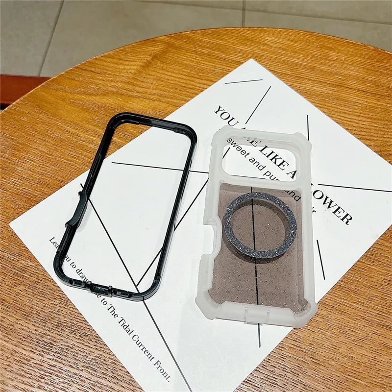 Coque magnétique pour iPhone 17 Pro Max, coque transparente noire en TPU et acrylique avec poudre scintillante, résistante aux chutes, avec verre trempé compatible MagSafe