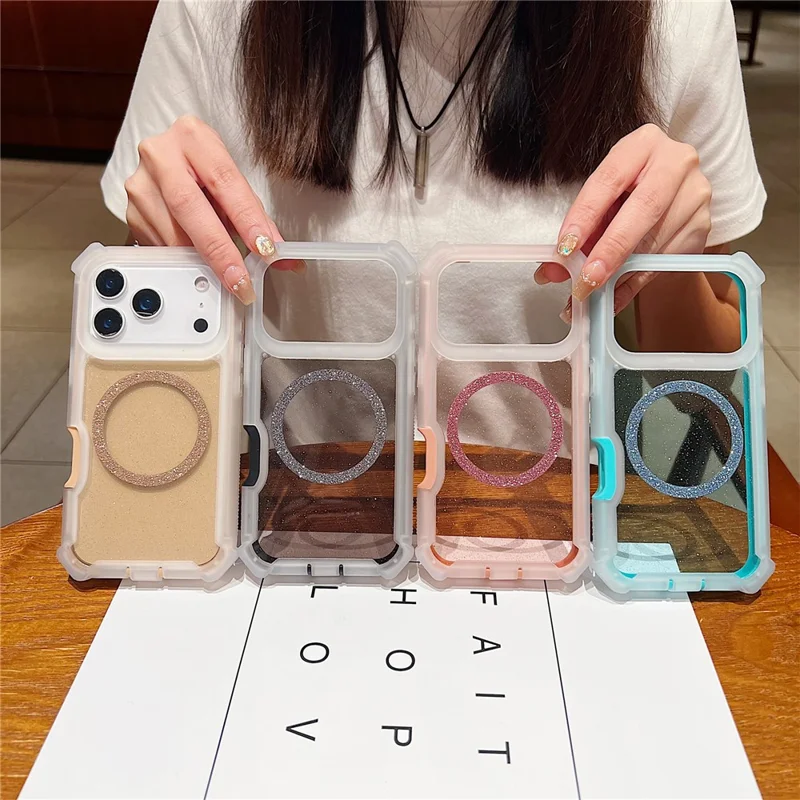 Coque magnétique pour iPhone 17 Pro Max, coque transparente noire en TPU et acrylique avec poudre scintillante, résistante aux chutes, avec verre trempé compatible MagSafe