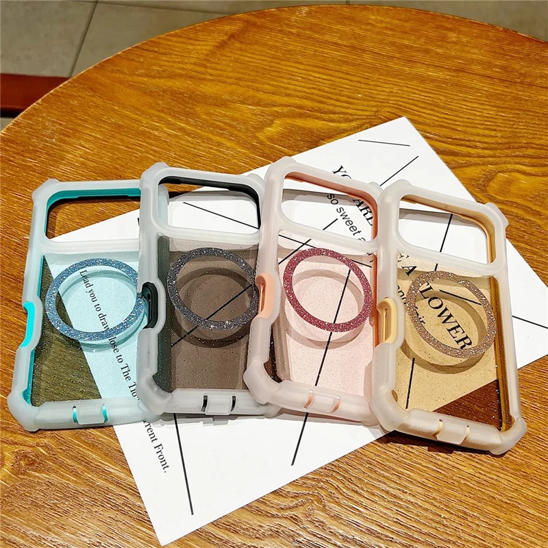 Coque magnétique pour iPhone 17 Pro Max, coque transparente noire en TPU et acrylique avec poudre scintillante, résistante aux chutes, avec verre trempé compatible MagSafe