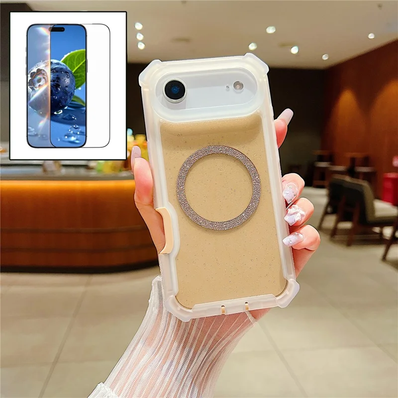 Coque magnétique pour iPhone Air, poudre pailletée TPU + acrylique, étui anti-chute avec verre trempé compatible MagSafe - Transparent Or