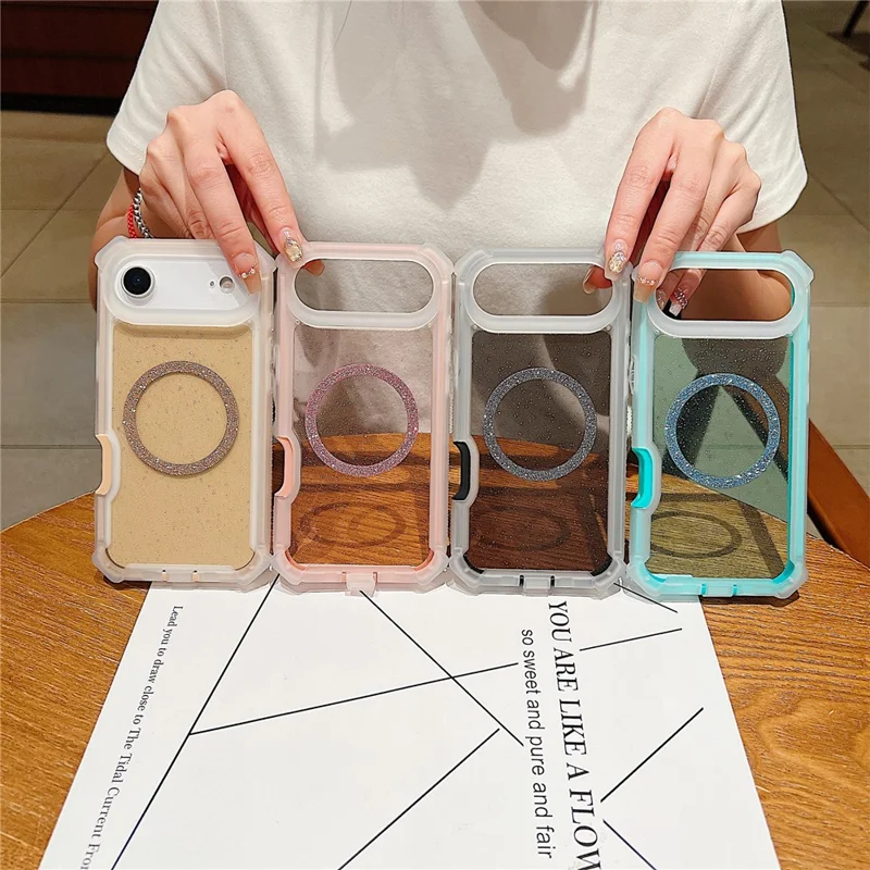 Coque magnétique pour iPhone Air, poudre pailletée TPU + acrylique, étui anti-chute avec verre trempé compatible MagSafe - Transparent Or