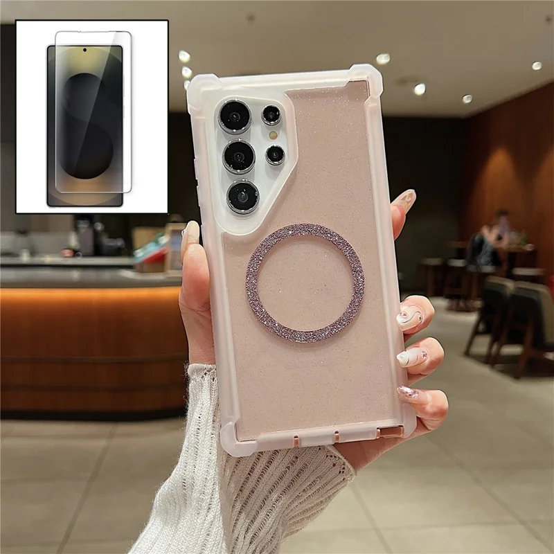For Samsung Galaxy S24 Ultra Magnetic Case Glitter Powder TPU  + Acrylic Drop-proof Phone Cover with Tempered Glass - Transparent Pink